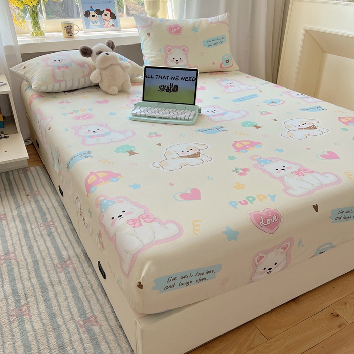 91家纺网 家纺一手货源 找家纺 六巷胡同 2026新款40支全棉13070卡通单品床笠 泡芙萌趣狗