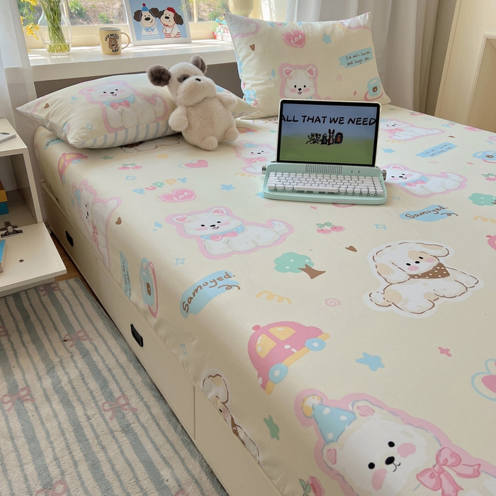 91家纺网 家纺一手货源 找家纺 六巷胡同 2026新款40支全棉13070卡通单品床笠 泡芙萌趣狗