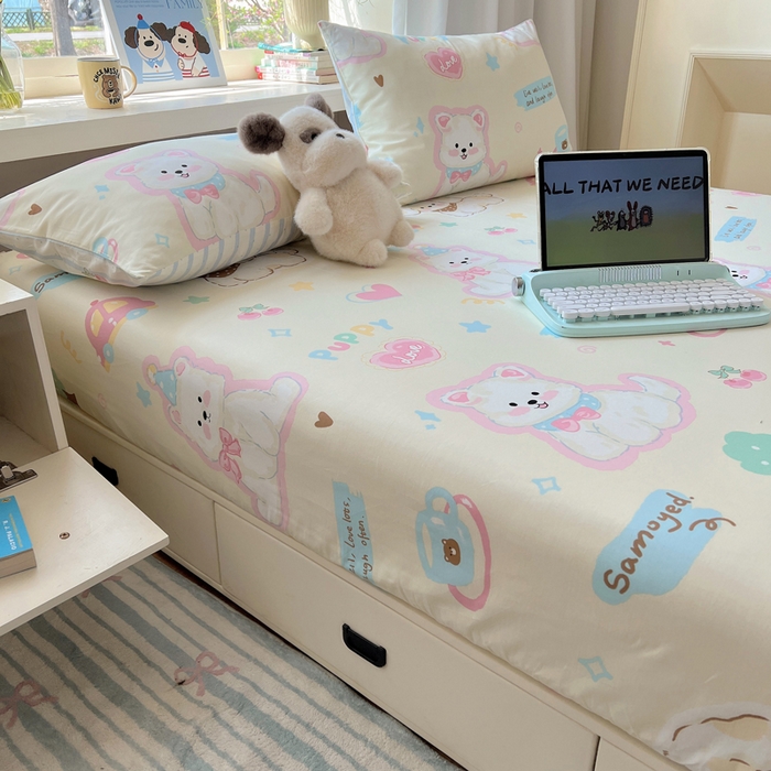 91家纺网 家纺一手货源 找家纺 六巷胡同 2026新款40支全棉13070卡通单品床笠 泡芙萌趣狗