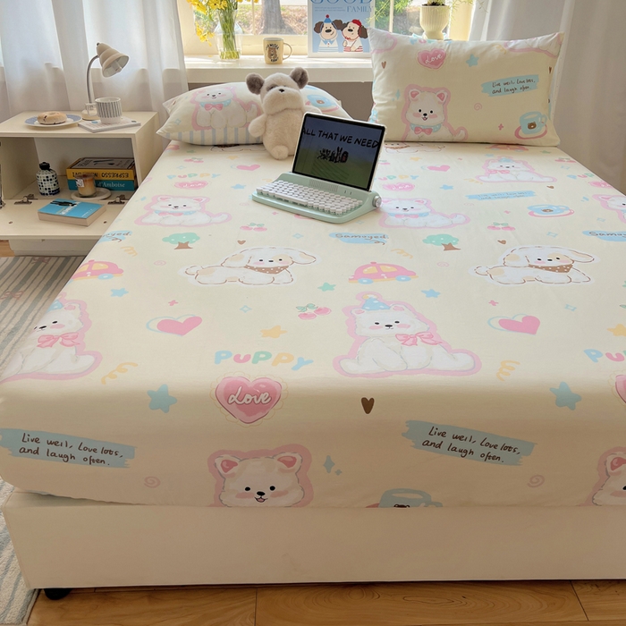 91家纺网 家纺一手货源 找家纺 六巷胡同 2026新款40支全棉13070卡通单品床笠 泡芙萌趣狗