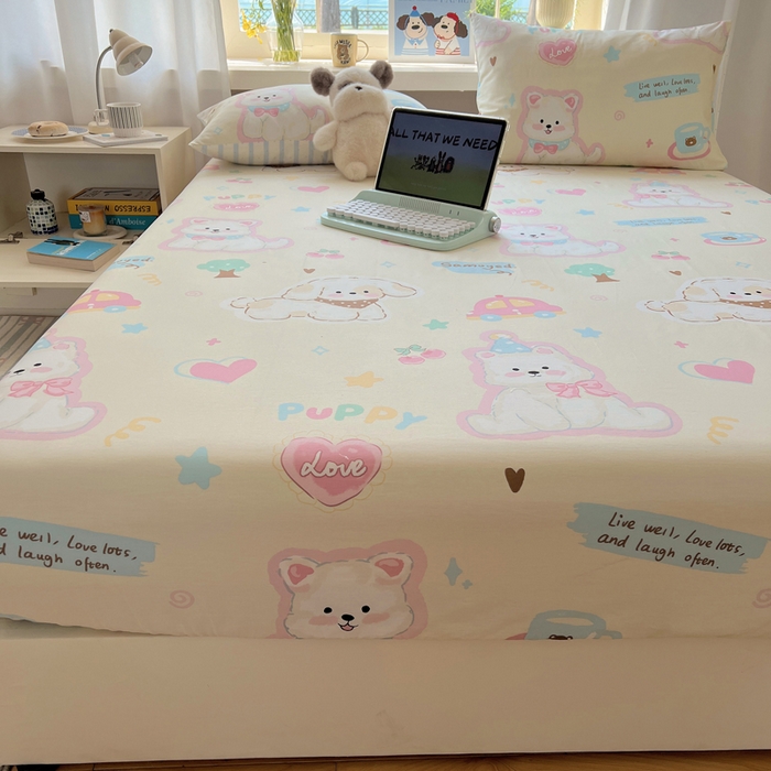 91家纺网 家纺一手货源 找家纺 六巷胡同 2026新款40支全棉13070卡通单品床笠 泡芙萌趣狗