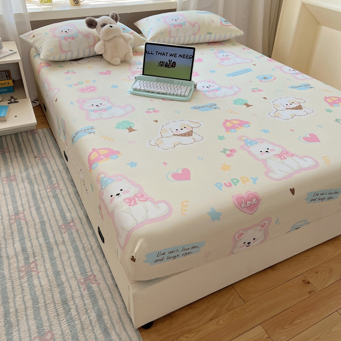 91家纺网 家纺一手货源 找家纺 六巷胡同 2026新款40支全棉13070卡通单品床笠 泡芙萌趣狗