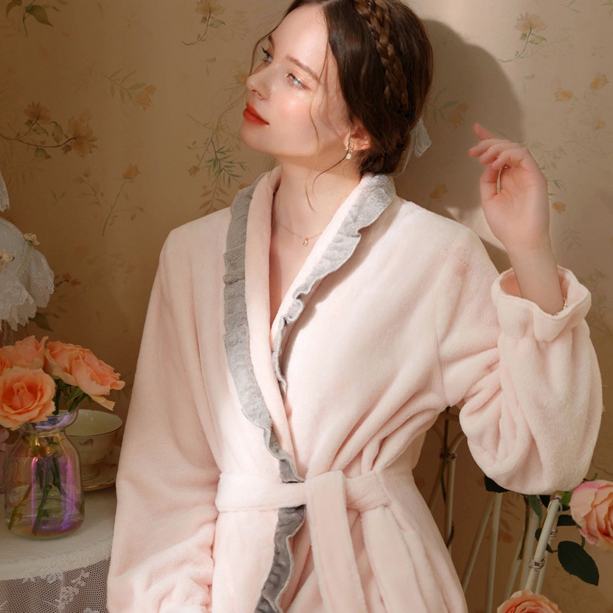 91家纺网 家纺一手货源 找家纺 （总）洛兰沙家居馆 2026新款秋冬宽松复古宫廷绒睡袍少女厚长袖长款公主加厚保暖家居服绒睡衣