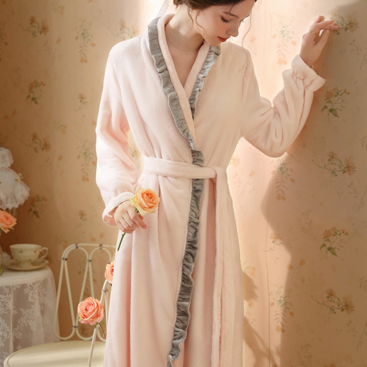 （总）洛兰沙家居馆 2026新款秋冬宽松复古宫廷绒睡袍少女厚长袖长款公主加厚保暖家居服绒睡衣