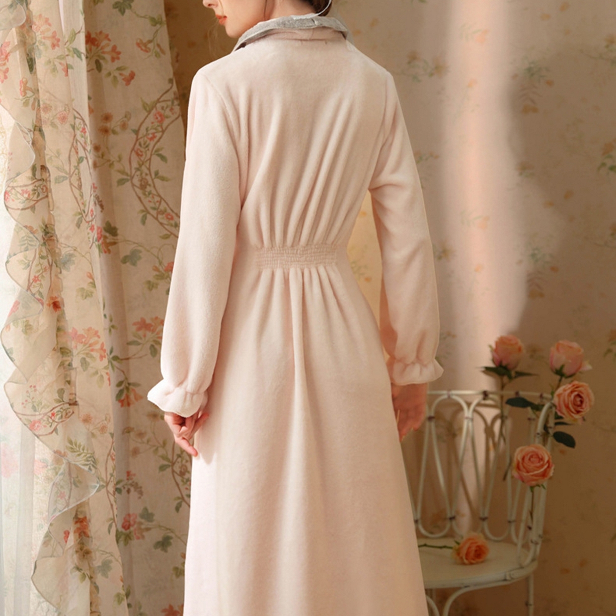 91家纺网 家纺一手货源 找家纺 洛兰沙家居馆 2026新款秋冬宽松复古宫廷绒睡袍少女厚长袖长款公主加厚保暖家居服绒睡衣 粉色