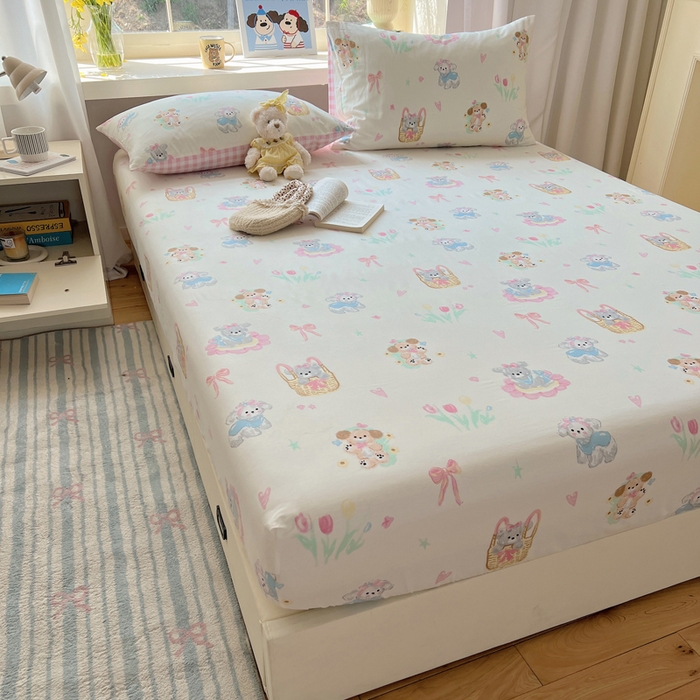 91家纺网 家纺一手货源 找家纺 六巷胡同 2026新款40支全棉13070卡通单品床笠 郁金香狗狗