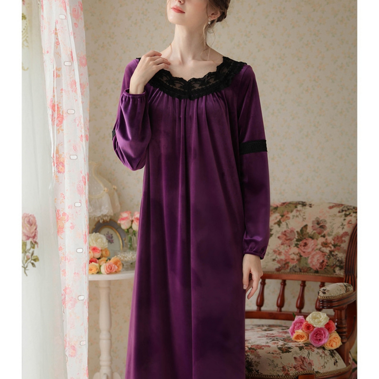 91家纺网 家纺一手货源 找家纺 （总）洛兰沙家居馆 2026新款秋冬宽松复古蕾丝丝绒睡裙少女厚长袖长款公主风蓄热保暖家居服绒睡衣