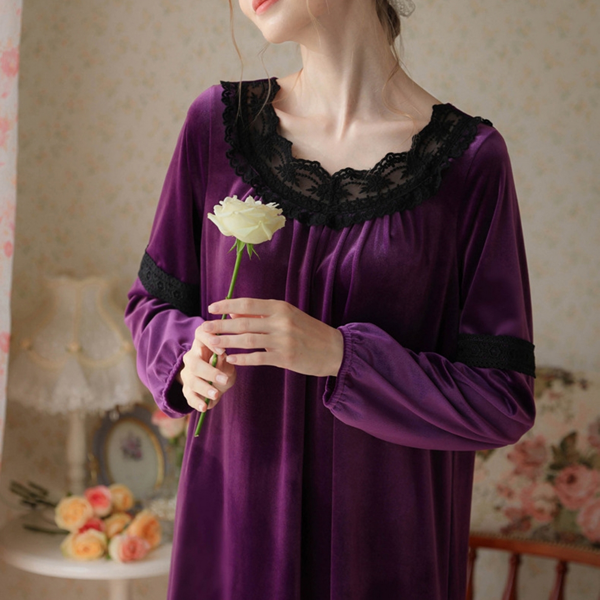 91家纺网 家纺一手货源 找家纺 （总）洛兰沙家居馆 2026新款秋冬宽松复古蕾丝丝绒睡裙少女厚长袖长款公主风蓄热保暖家居服绒睡衣