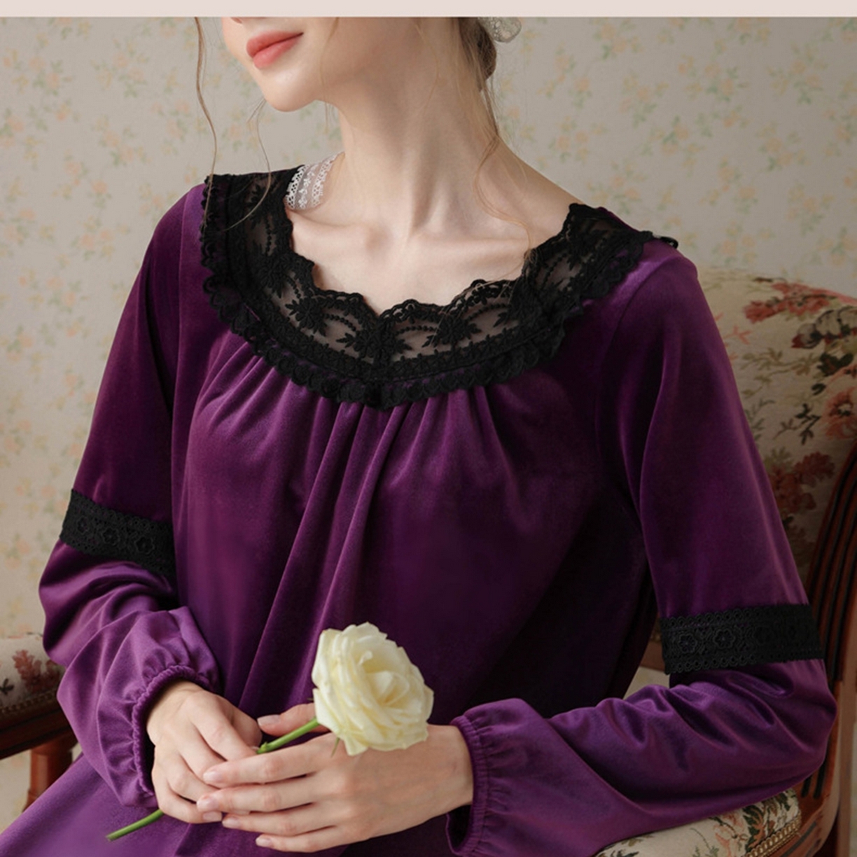 91家纺网 家纺一手货源 找家纺 （总）洛兰沙家居馆 2026新款秋冬宽松复古蕾丝丝绒睡裙少女厚长袖长款公主风蓄热保暖家居服绒睡衣