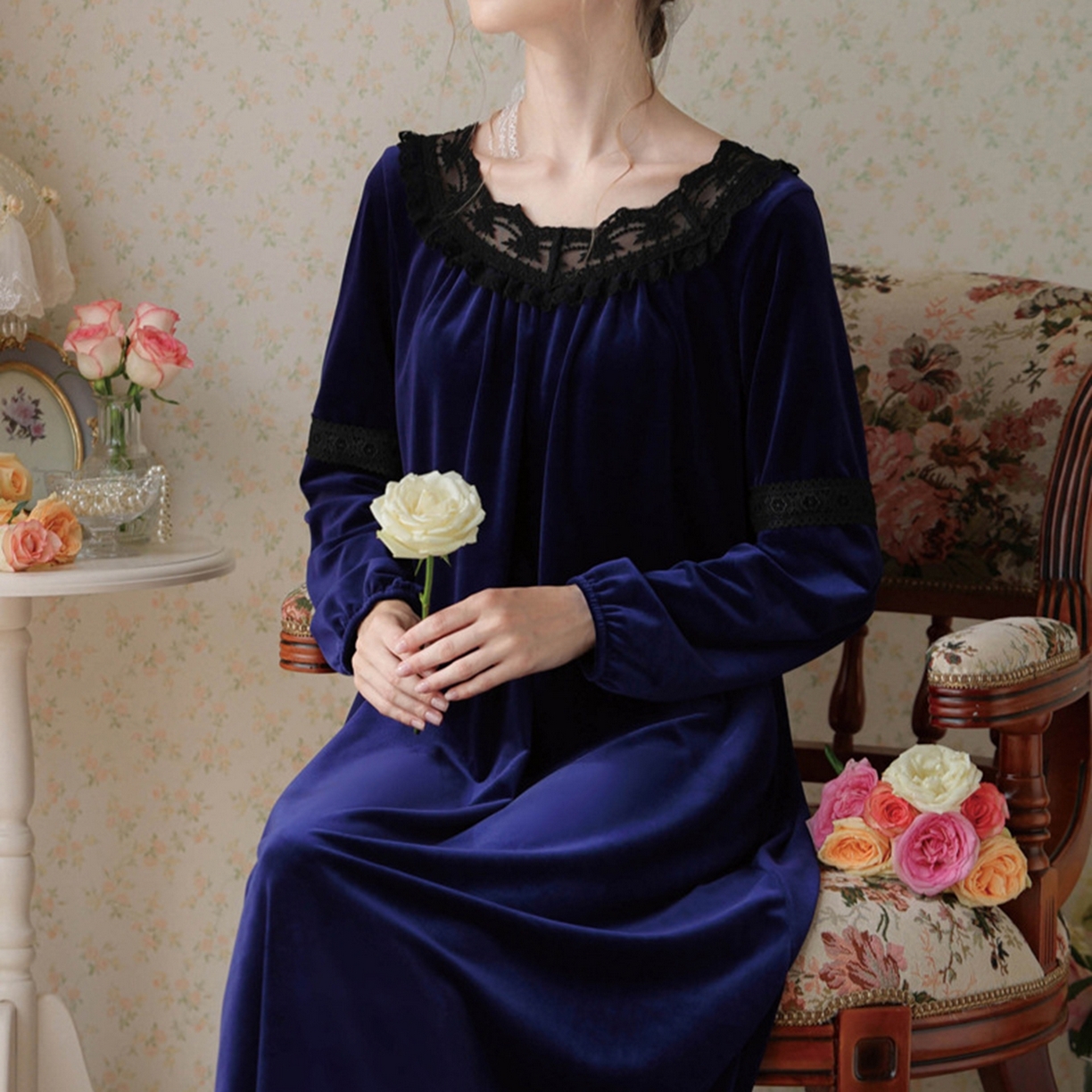 91家纺网 家纺一手货源 找家纺 （总）洛兰沙家居馆 2026新款秋冬宽松复古蕾丝丝绒睡裙少女厚长袖长款公主风蓄热保暖家居服绒睡衣