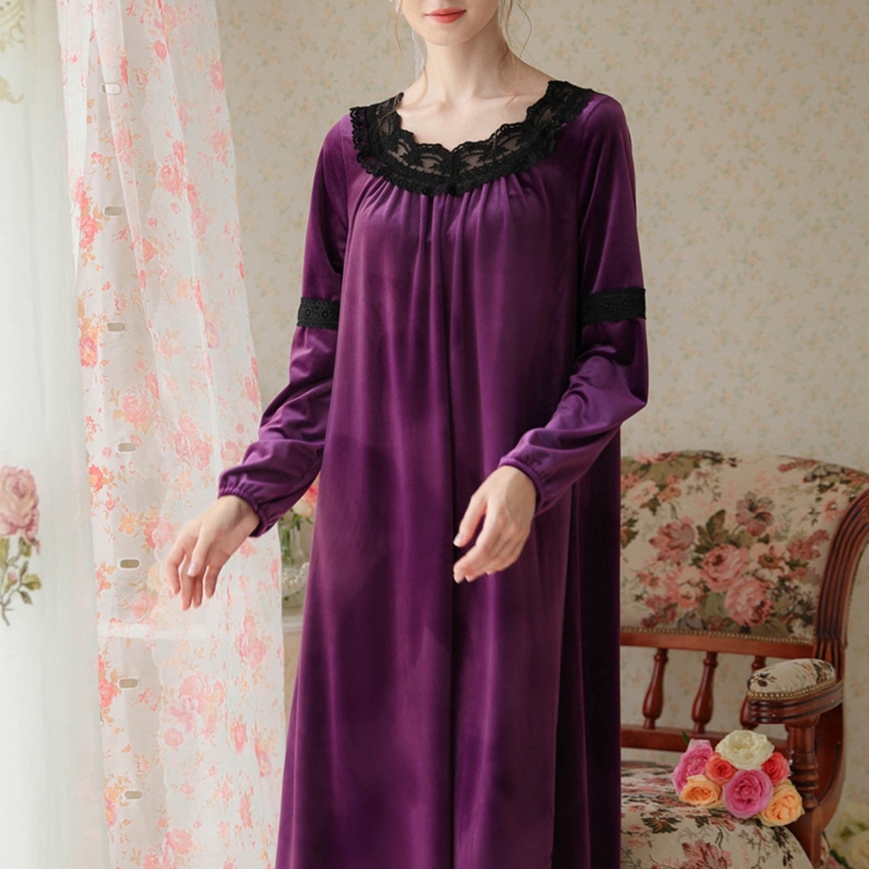 91家纺网 家纺一手货源 找家纺 （总）洛兰沙家居馆 2026新款秋冬宽松复古蕾丝丝绒睡裙少女厚长袖长款公主风蓄热保暖家居服绒睡衣