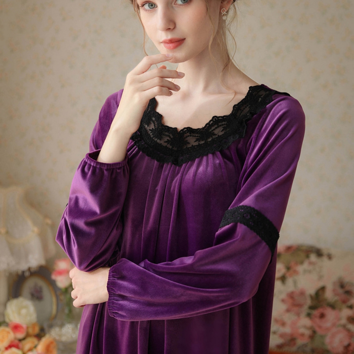 91家纺网 家纺一手货源 找家纺 （总）洛兰沙家居馆 2026新款秋冬宽松复古蕾丝丝绒睡裙少女厚长袖长款公主风蓄热保暖家居服绒睡衣