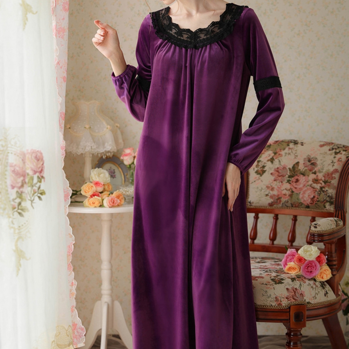 91家纺网 家纺一手货源 找家纺 洛兰沙家居馆 2026新款秋冬宽松复古蕾丝丝绒睡裙少女厚长袖长款公主风蓄热保暖家居服绒睡衣 紫色