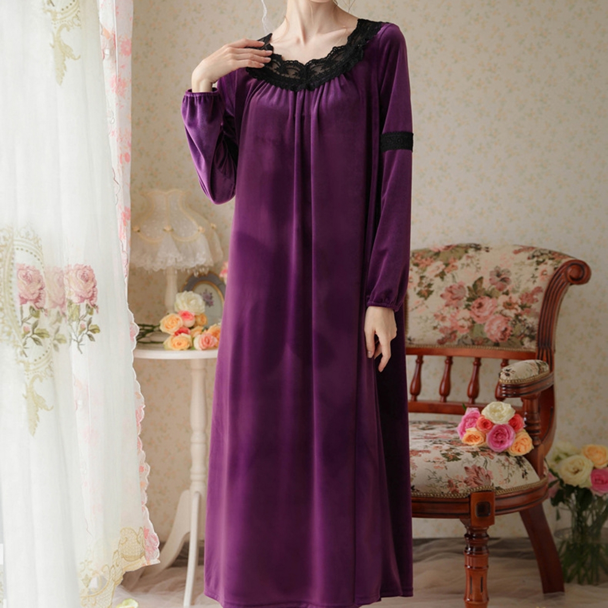 91家纺网 家纺一手货源 找家纺 洛兰沙家居馆 2026新款秋冬宽松复古蕾丝丝绒睡裙少女厚长袖长款公主风蓄热保暖家居服绒睡衣 紫色