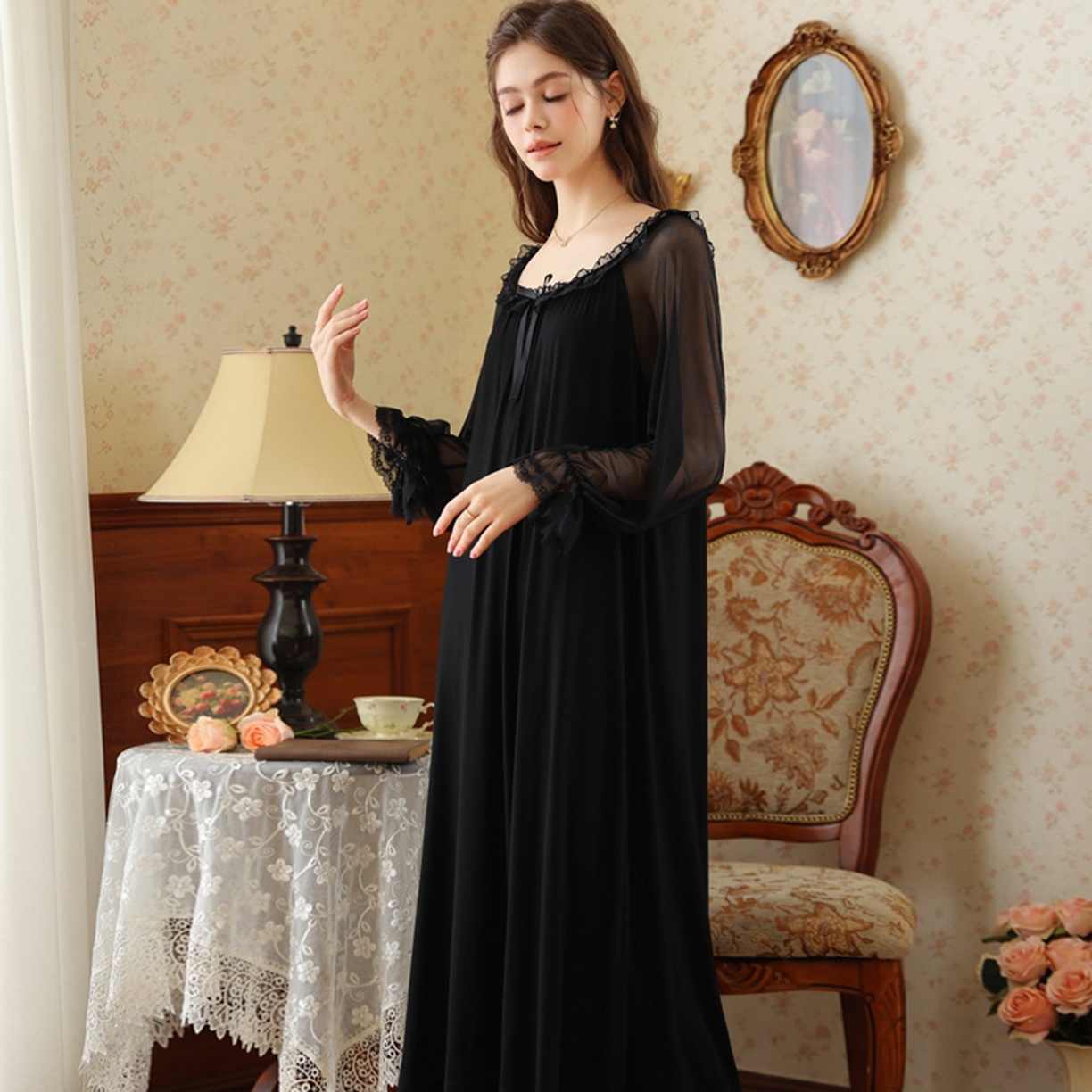 （总）洛兰沙家居馆 2026新款宫廷风甜美公主法式复古宽松圆领女春秋针织棉长袖睡衣睡裙