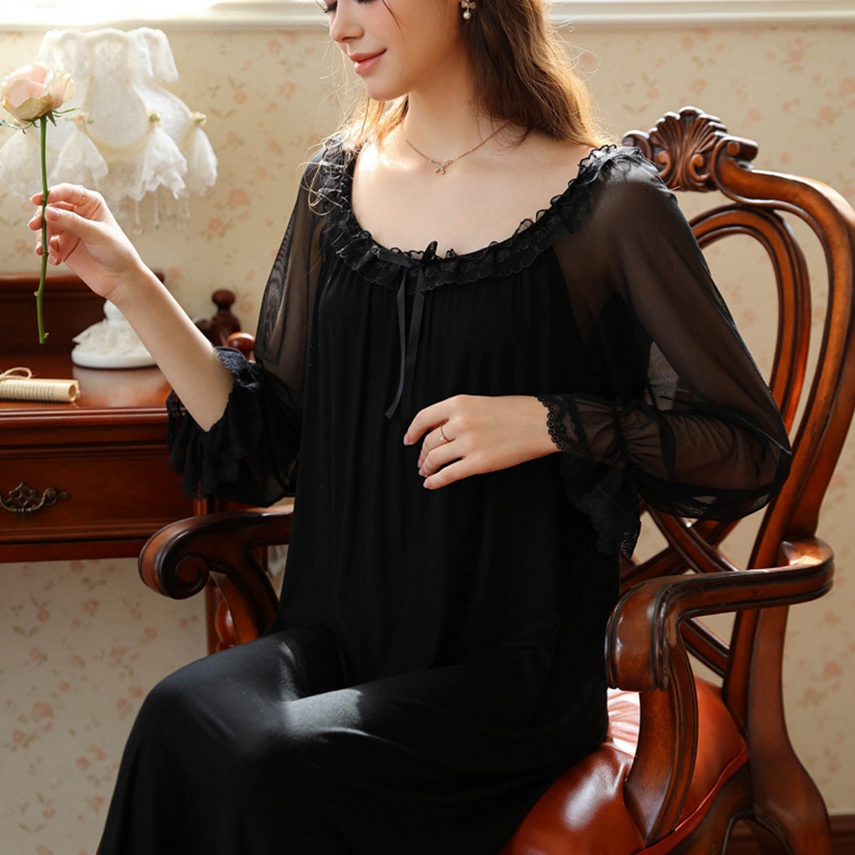 91家纺网 家纺一手货源 找家纺 （总）洛兰沙家居馆 2026新款宫廷风甜美公主法式复古宽松圆领女春秋针织棉长袖睡衣睡裙