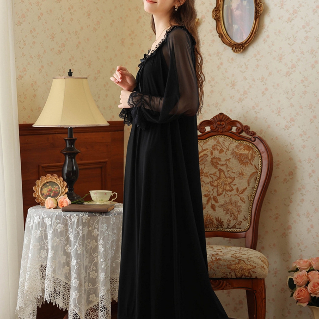 91家纺网 家纺一手货源 找家纺 （总）洛兰沙家居馆 2026新款宫廷风甜美公主法式复古宽松圆领女春秋针织棉长袖睡衣睡裙