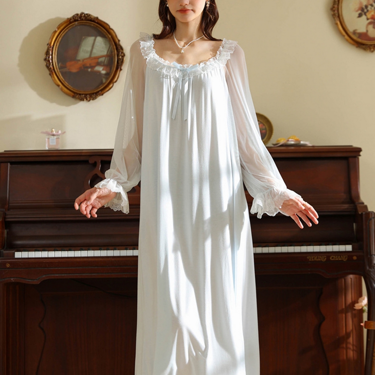 91家纺网 家纺一手货源 找家纺 洛兰沙家居馆 2026新款宫廷风甜美公主法式复古宽松圆领女春秋针织棉长袖睡衣睡裙 蓝色