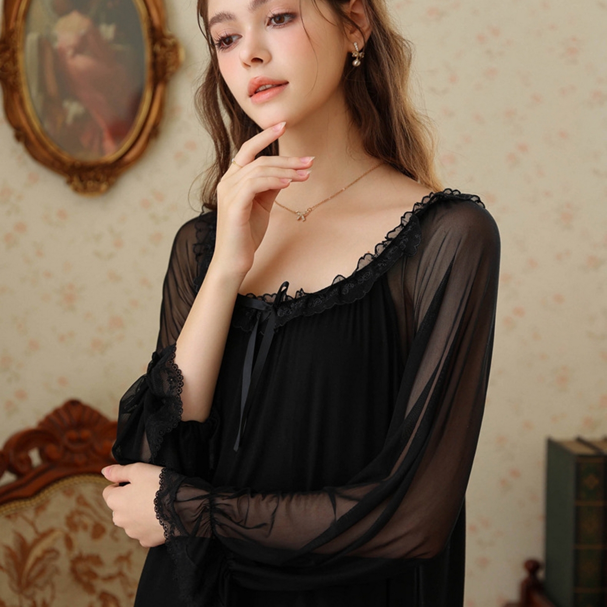 91家纺网 家纺一手货源 找家纺 洛兰沙家居馆 2026新款宫廷风甜美公主法式复古宽松圆领女春秋针织棉长袖睡衣睡裙 黑色