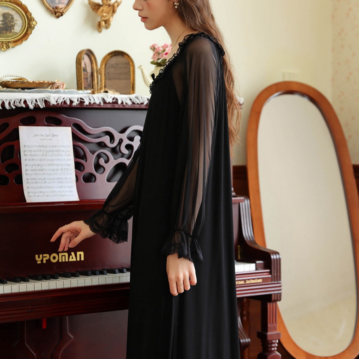 91家纺网 家纺一手货源 找家纺 洛兰沙家居馆 2026新款宫廷风甜美公主法式复古宽松圆领女春秋针织棉长袖睡衣睡裙 黑色