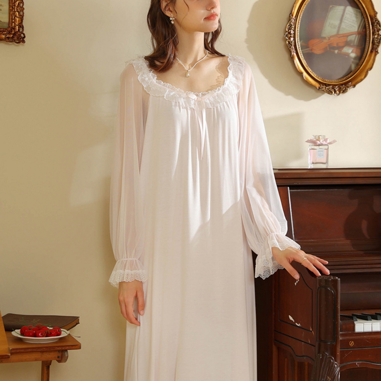 91家纺网 家纺一手货源 找家纺 洛兰沙家居馆 2026新款宫廷风甜美公主法式复古宽松圆领女春秋针织棉长袖睡衣睡裙 粉色