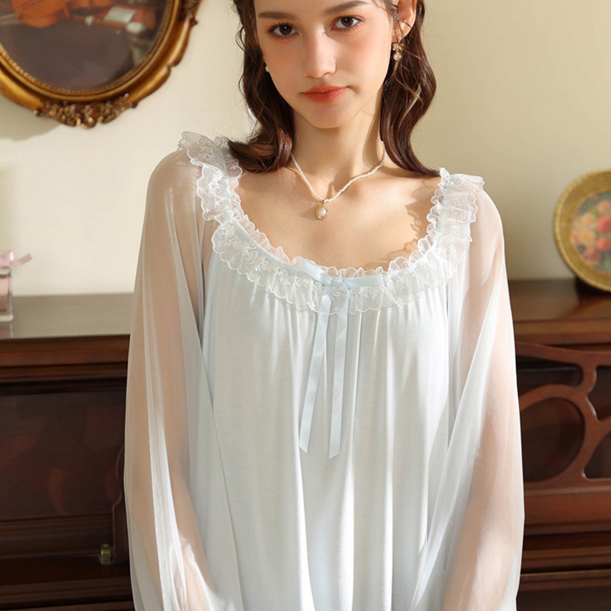 91家纺网 家纺一手货源 找家纺 洛兰沙家居馆 2026新款宫廷风甜美公主法式复古宽松圆领女春秋针织棉长袖睡衣睡裙 蓝色