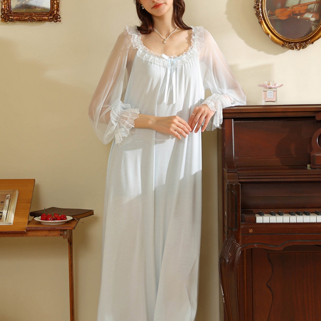 91家纺网 家纺一手货源 找家纺 洛兰沙家居馆 2026新款宫廷风甜美公主法式复古宽松圆领女春秋针织棉长袖睡衣睡裙 蓝色