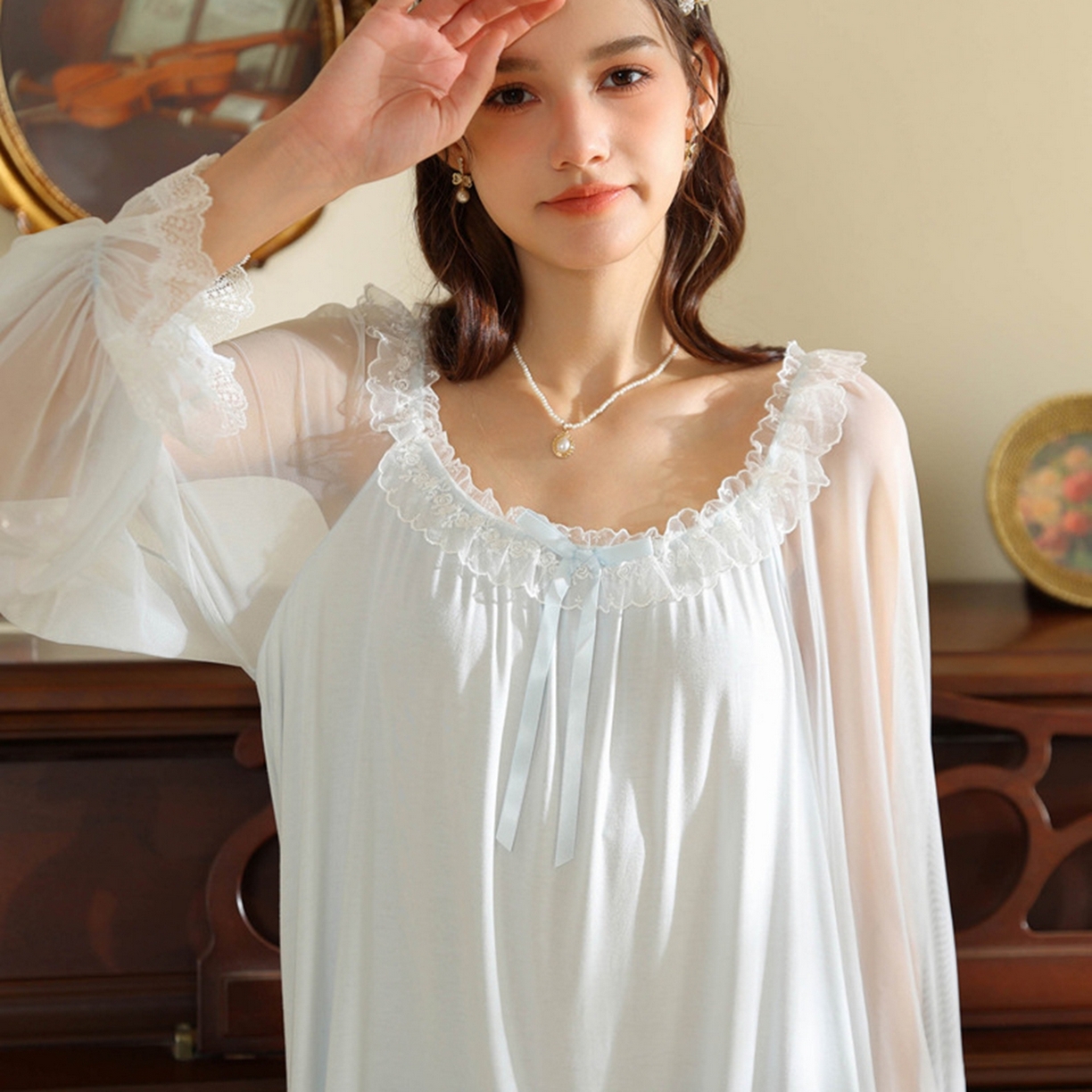 91家纺网 家纺一手货源 找家纺 洛兰沙家居馆 2026新款宫廷风甜美公主法式复古宽松圆领女春秋针织棉长袖睡衣睡裙 蓝色