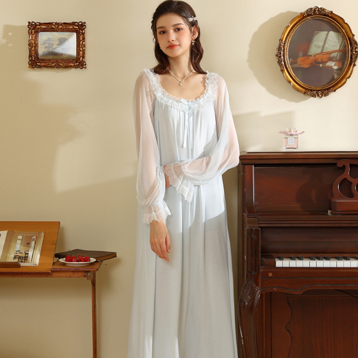 洛兰沙家居馆 2026新款宫廷风甜美公主法式复古宽松圆领女春秋针织棉长袖睡衣睡裙 蓝色