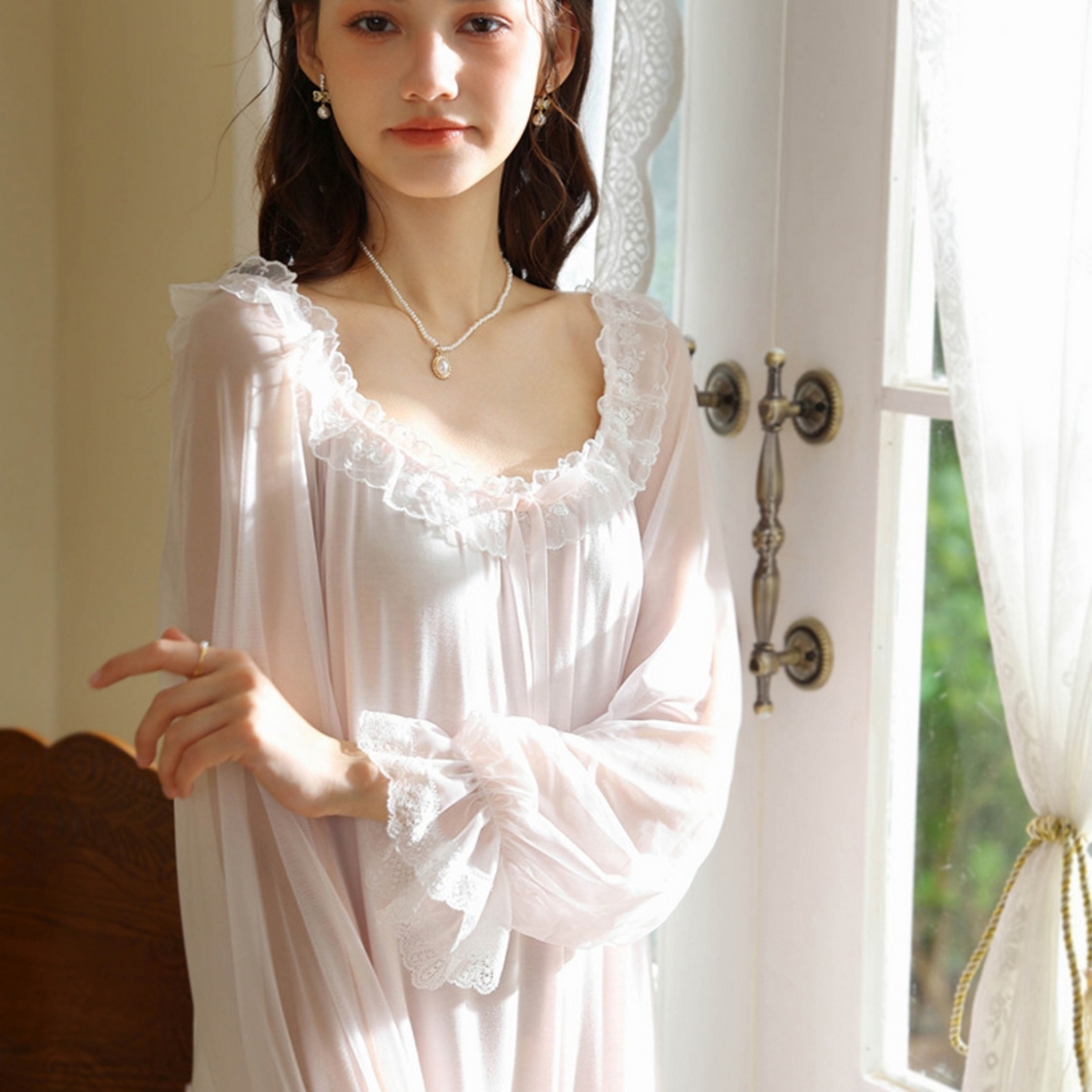 91家纺网 家纺一手货源 找家纺 洛兰沙家居馆 2026新款宫廷风甜美公主法式复古宽松圆领女春秋针织棉长袖睡衣睡裙 粉色