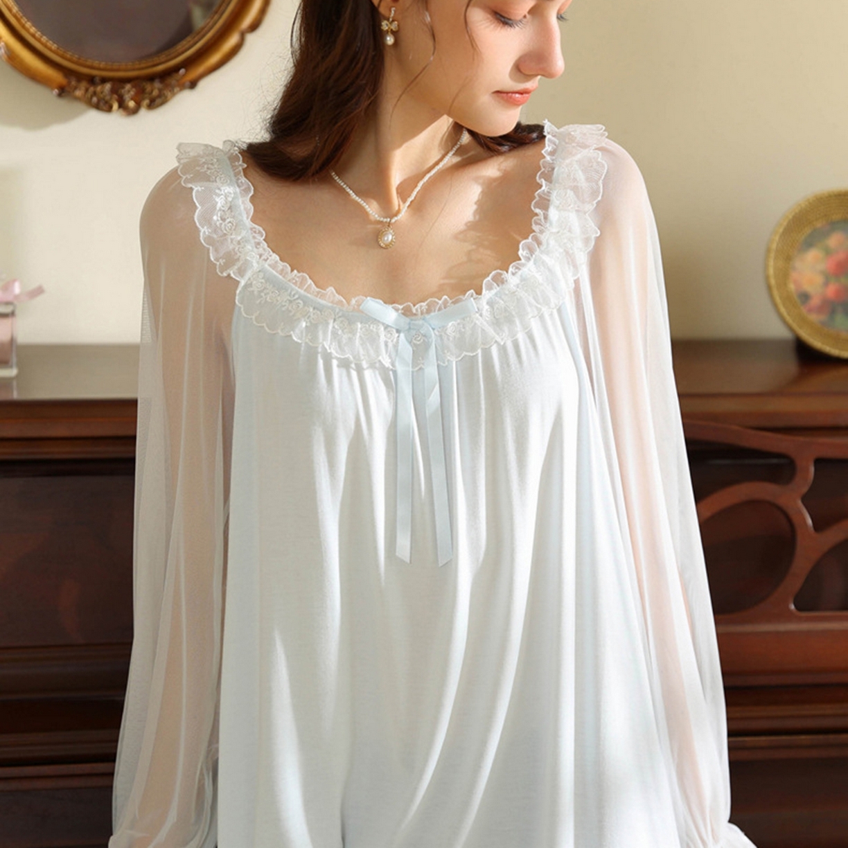 91家纺网 家纺一手货源 找家纺 洛兰沙家居馆 2026新款宫廷风甜美公主法式复古宽松圆领女春秋针织棉长袖睡衣睡裙 蓝色