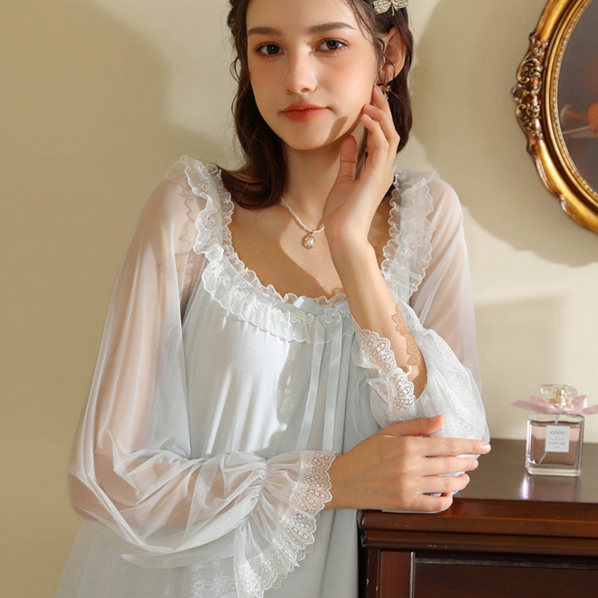 91家纺网 家纺一手货源 找家纺 洛兰沙家居馆 2026新款宫廷风甜美公主法式复古宽松圆领女春秋针织棉长袖睡衣睡裙 蓝色