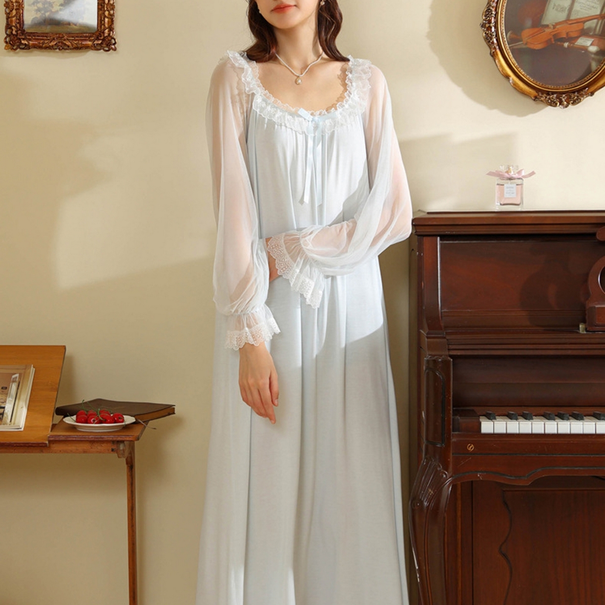 91家纺网 家纺一手货源 找家纺 洛兰沙家居馆 2026新款宫廷风甜美公主法式复古宽松圆领女春秋针织棉长袖睡衣睡裙 蓝色