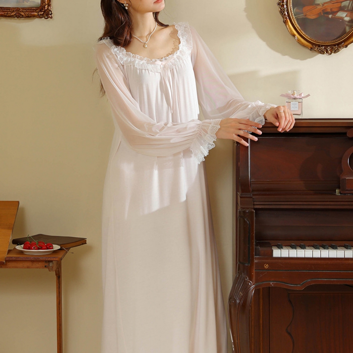 91家纺网 家纺一手货源 找家纺 洛兰沙家居馆 2026新款宫廷风甜美公主法式复古宽松圆领女春秋针织棉长袖睡衣睡裙 粉色