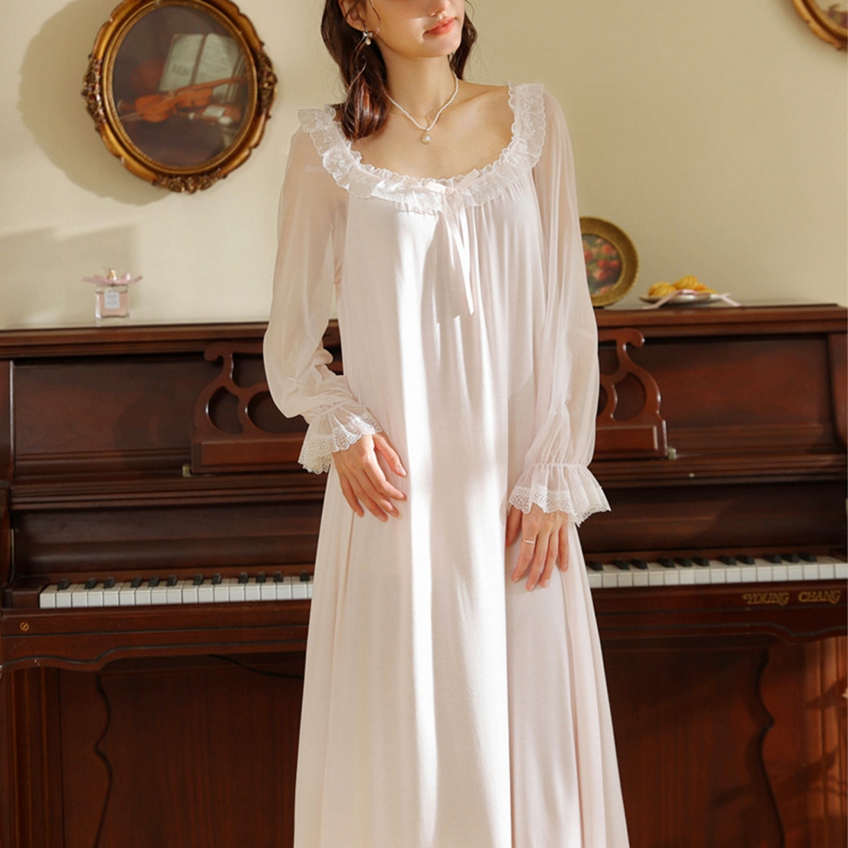 91家纺网 家纺一手货源 找家纺 洛兰沙家居馆 2026新款宫廷风甜美公主法式复古宽松圆领女春秋针织棉长袖睡衣睡裙 粉色