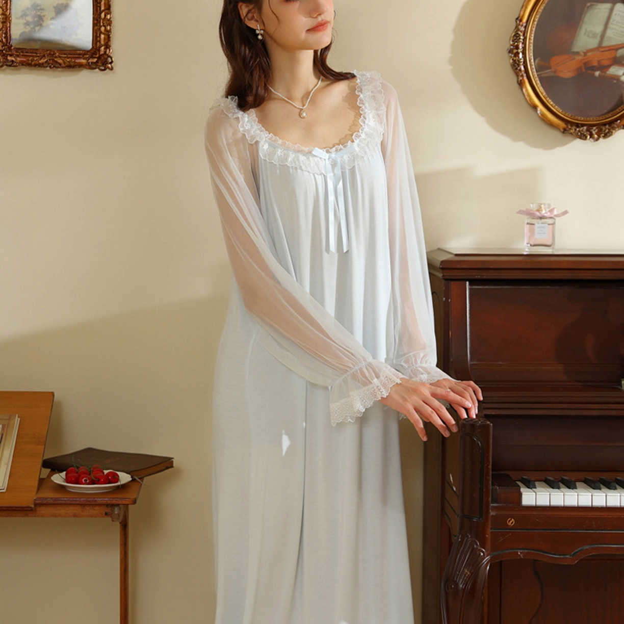 91家纺网 家纺一手货源 找家纺 洛兰沙家居馆 2026新款宫廷风甜美公主法式复古宽松圆领女春秋针织棉长袖睡衣睡裙 蓝色