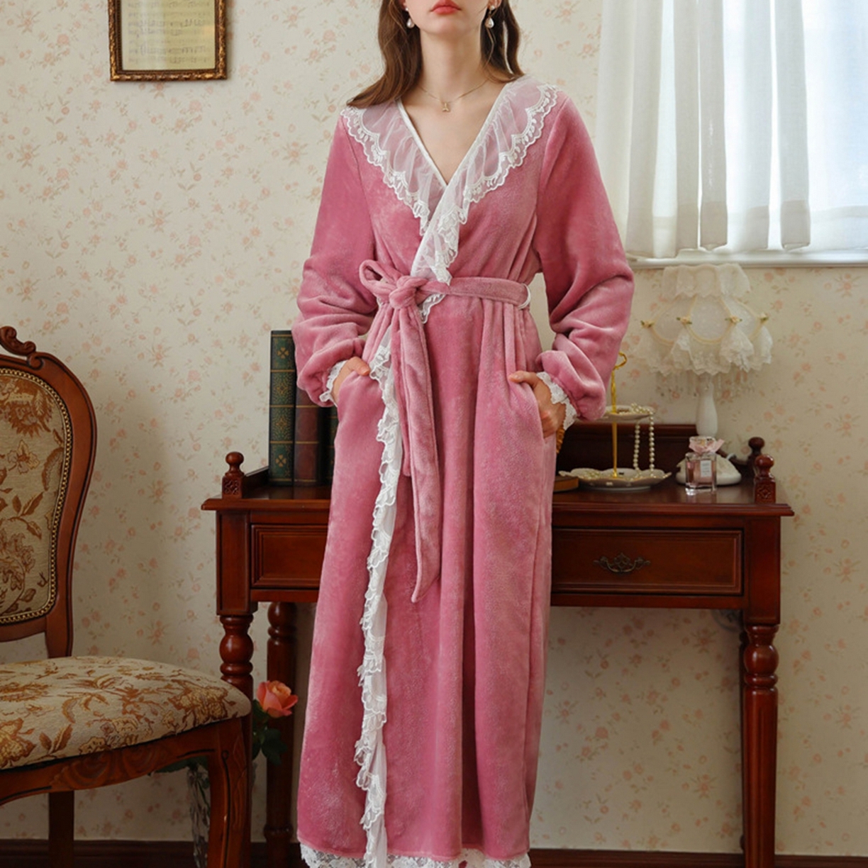 91家纺网 家纺一手货源 找家纺 （总）洛兰沙家居馆 2026新款秋冬宽松复古宫廷绒睡袍少女厚长袖长款公主加厚保暖家居服绒睡衣