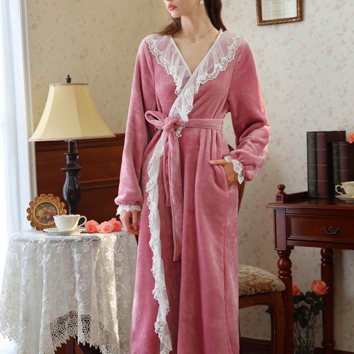 91家纺网 家纺一手货源 找家纺 （总）洛兰沙家居馆 2026新款秋冬宽松复古宫廷绒睡袍少女厚长袖长款公主加厚保暖家居服绒睡衣