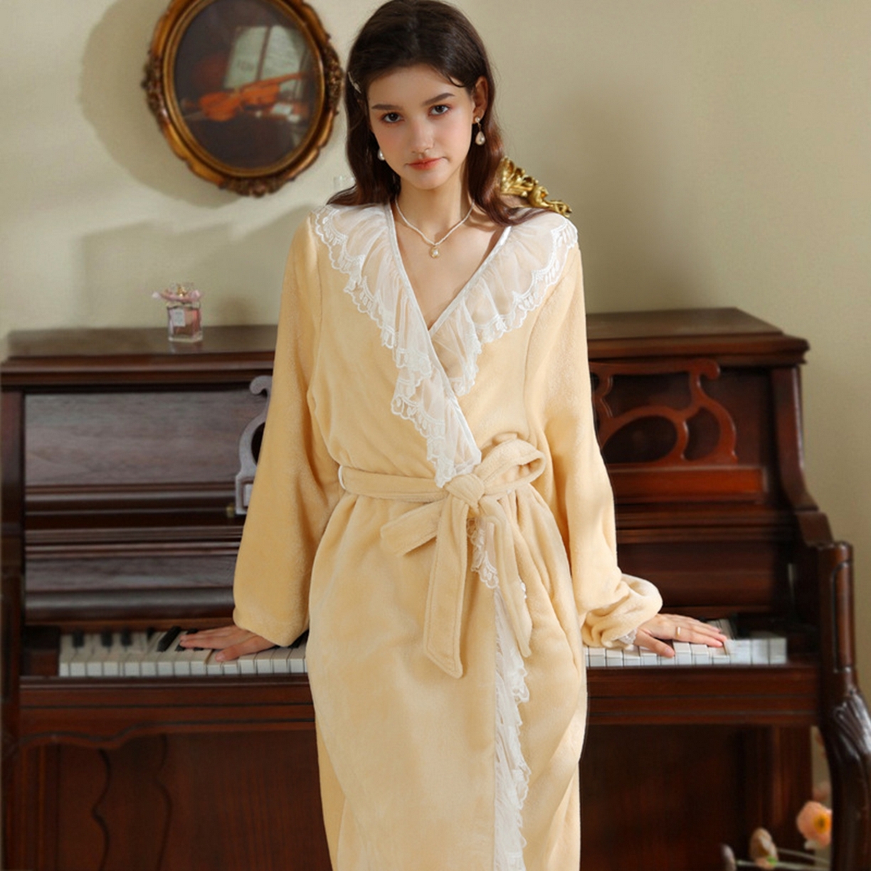洛兰沙家居馆 2026新款秋冬宽松复古宫廷绒睡袍少女厚长袖长款公主加厚保暖家居服绒睡衣 鹅黄色