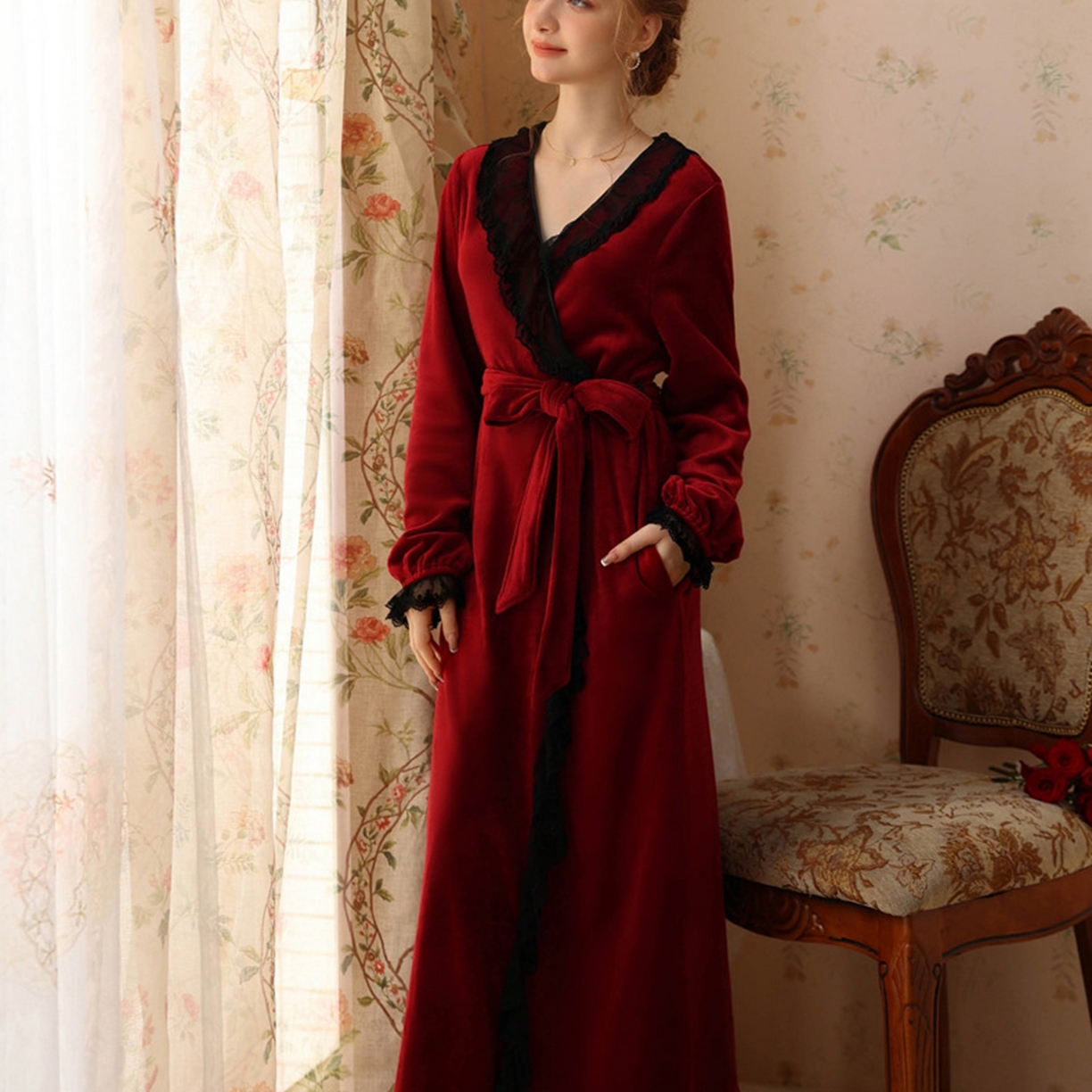 91家纺网 家纺一手货源 找家纺 洛兰沙家居馆 2026新款秋冬宽松复古宫廷绒睡袍少女厚长袖长款公主加厚保暖家居服绒睡衣 红色