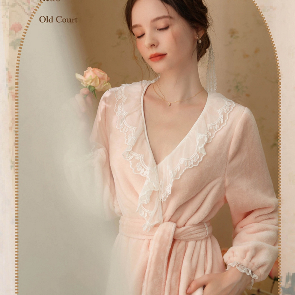 91家纺网 家纺一手货源 找家纺 洛兰沙家居馆 2026新款秋冬宽松复古宫廷绒睡袍少女厚长袖长款公主加厚保暖家居服绒睡衣 嫩粉色