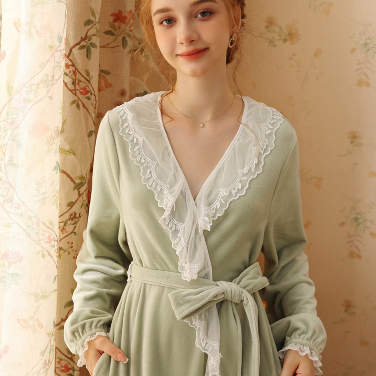 91家纺网 家纺一手货源 找家纺 洛兰沙家居馆 2026新款秋冬宽松复古宫廷绒睡袍少女厚长袖长款公主加厚保暖家居服绒睡衣 绿色