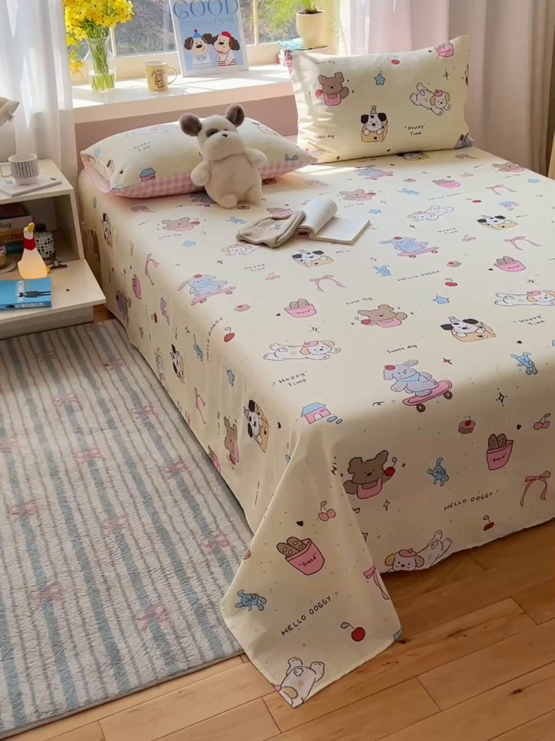91家纺网 家纺一手货源 找家纺 六巷胡同 2026新款40支全棉13070卡通单品床单 法棍滑板狗