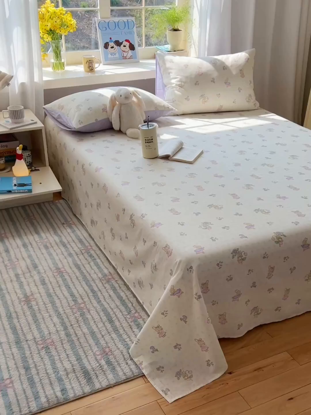 91家纺网 家纺一手货源 找家纺 六巷胡同 2026新款40支全棉13070卡通单品床单 假日庄园兔