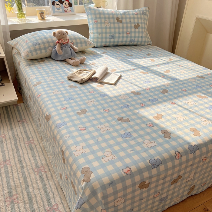 91家纺网 家纺一手货源 找家纺 六巷胡同 2026新款40支全棉13070卡通单品床单 蓝格奶油狗