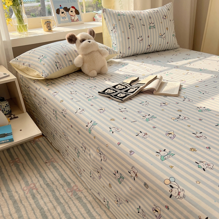 91家纺网 家纺一手货源 找家纺 六巷胡同 2026新款40支全棉13070卡通单品床单 蓝条努比犬