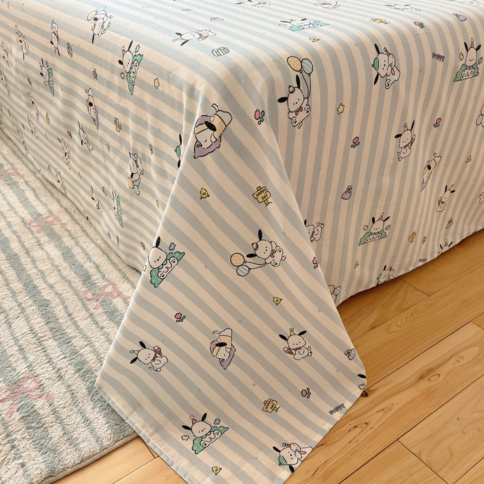 91家纺网 家纺一手货源 找家纺 六巷胡同 2026新款40支全棉13070卡通单品床单 蓝条努比犬