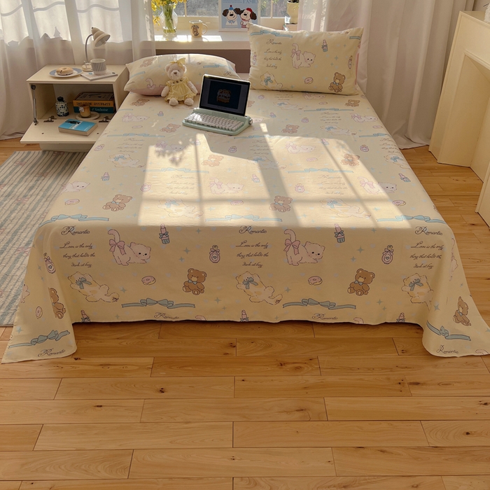 91家纺网 家纺一手货源 找家纺 六巷胡同 2026新款40支全棉13070卡通单品床单 猫咪甜甜圈