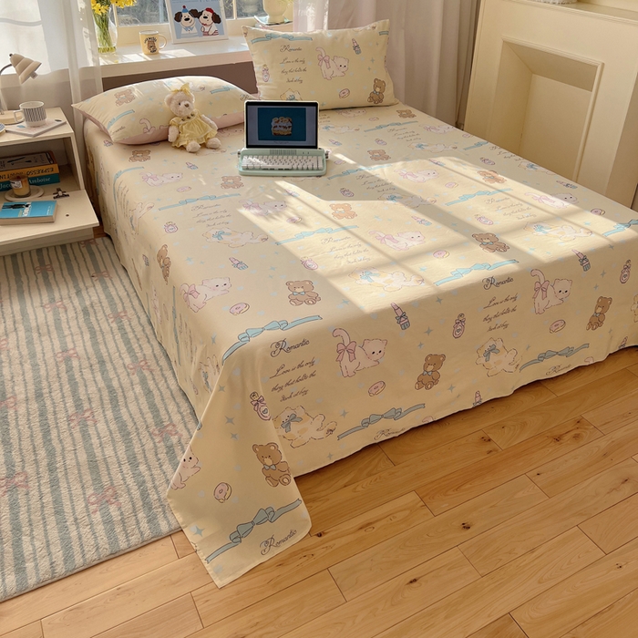 91家纺网 家纺一手货源 找家纺 六巷胡同 2026新款40支全棉13070卡通单品床单 猫咪甜甜圈