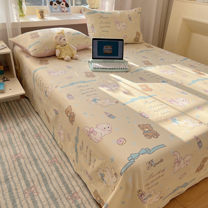 91家纺网 家纺一手货源 找家纺 六巷胡同 2026新款40支全棉13070卡通单品床单 猫咪甜甜圈